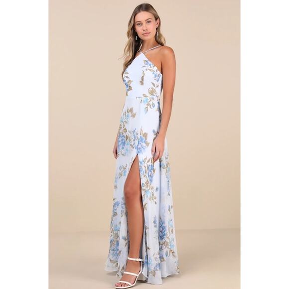Lulus NWOT Romantic Marvel Light Blue Floral Print Halter Neck Maxi Dress Small - Picture 2 of 10